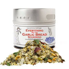 Gustus Vitae Everything But The Garlic Bread Seasoning jar boosts garlic flavor on bread