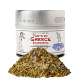 Gustus Vitae Taste of Greece seasoning tin on a kitchen counter for easy access