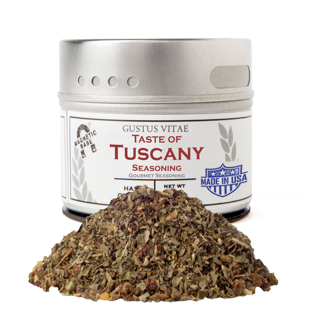 Gustus Vitae Taste of Tuscany bottle closeup, salt-free gourmet blend ideal for vibrant weeknight meals.