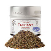 Gustus Vitae Taste of Tuscany bottle closeup, salt-free gourmet blend ideal for vibrant weeknight meals.