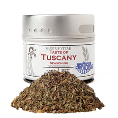 Gustus Vitae Taste of Tuscany bottle closeup, salt-free gourmet blend ideal for vibrant weeknight meals.