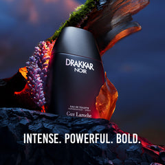 Guy Laroche Drakkar Noir bottle side reveals rugged texture and bold presence.