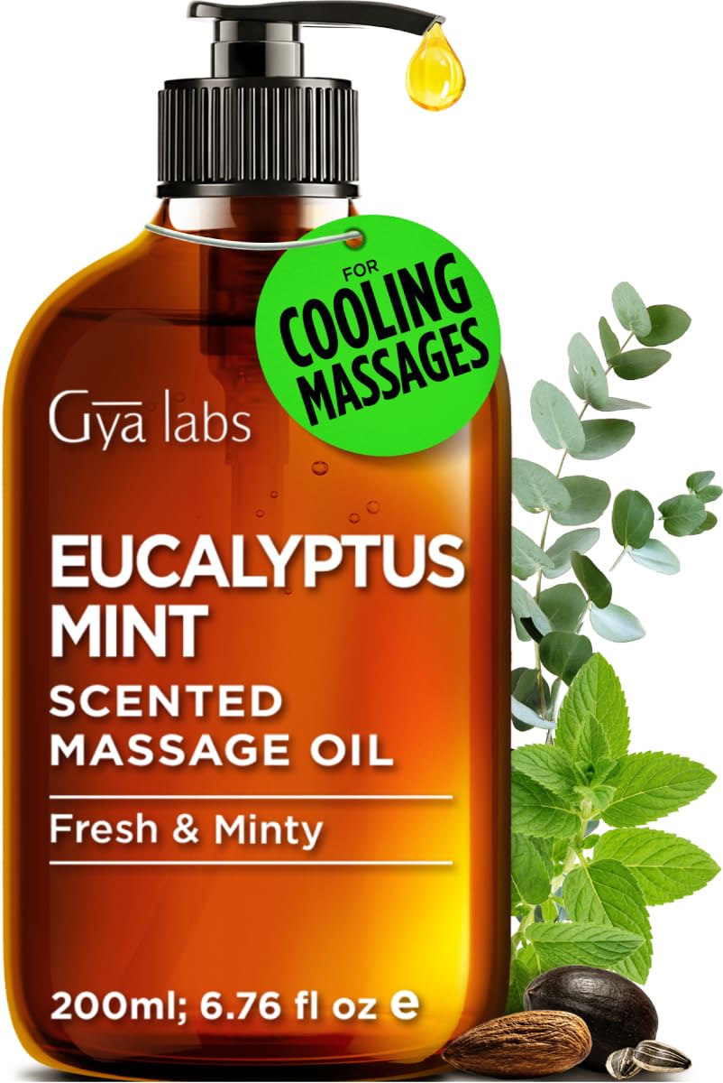 Gya Labs Eucalyptus Mint Massage Oil bottle being poured for calm relaxation