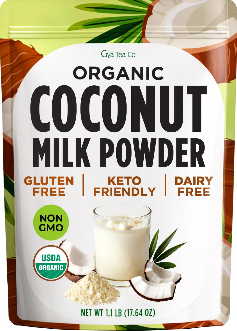 Gya Tea Co coconut milk powder bag on counter for convenient, shelf-stable use