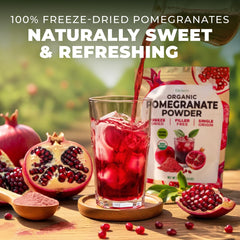 Gya Tea Co pomegranate powder scoop ready for smoothies and baking.