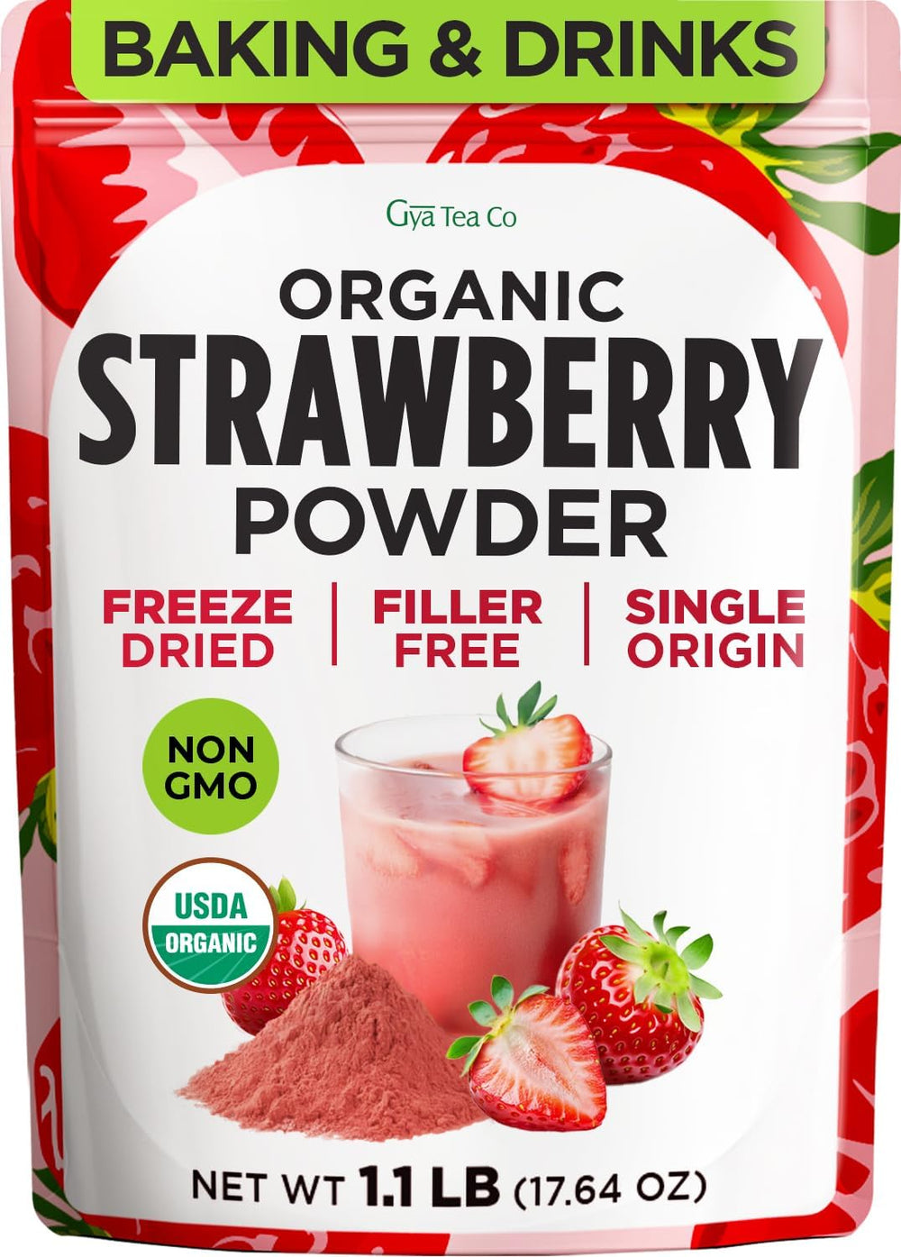 Gya Tea Co organic freeze-dried strawberry powder bulk 1-1 lb — ideal for baking.