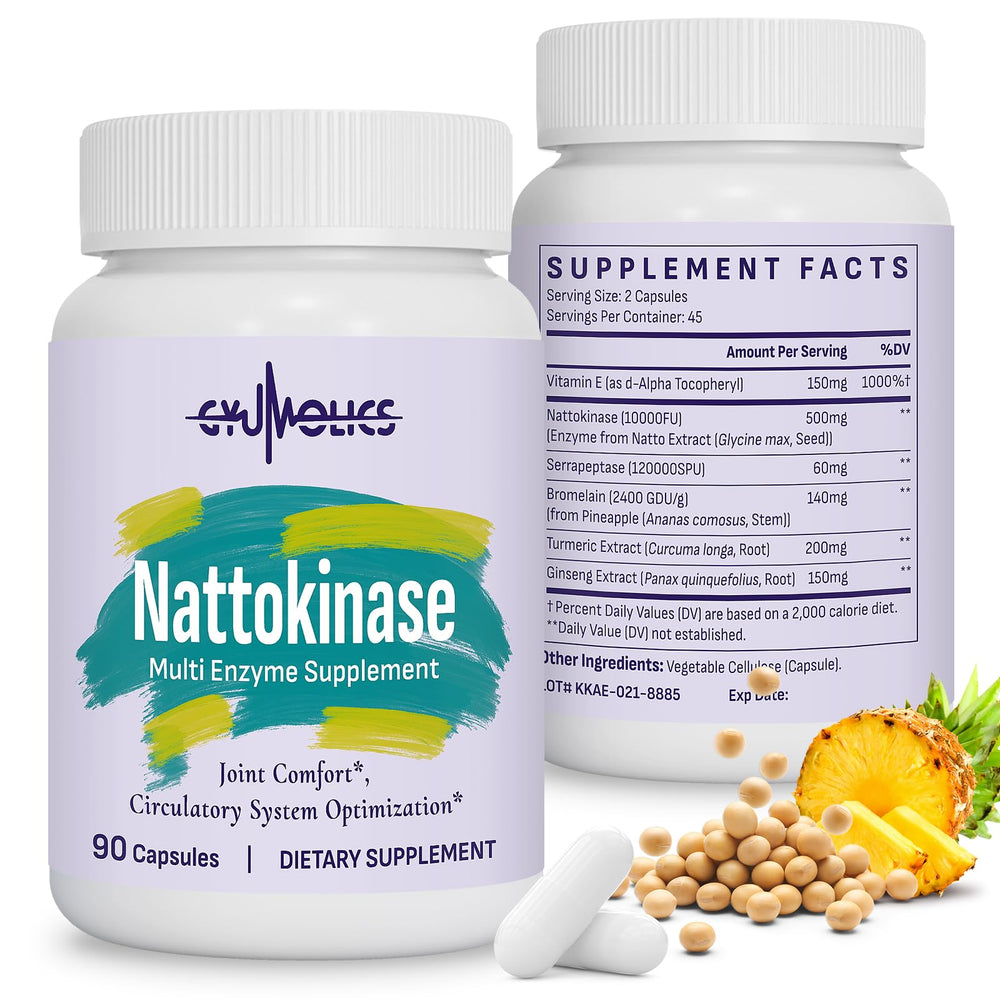 Gyumolics nattokinase bottle highlighting the 10,000 FU formula for circulatory support