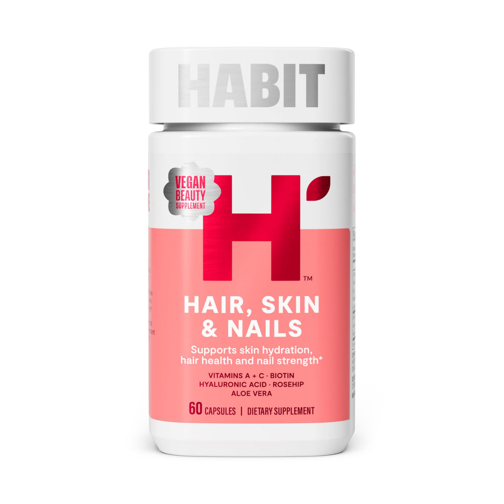 Habit Hair, Skin & Nails bottle with capsules promoting hydration.