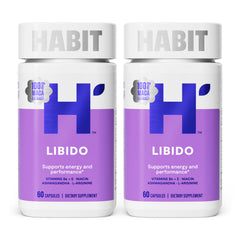 Habit Libido 2Pack bottle front showcases vegan, non-GMO formula for energy and desire.