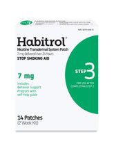 Habitrol Step 3 patch on arm delivers 7 mg nicotine over 24 hours for steady craving relief.