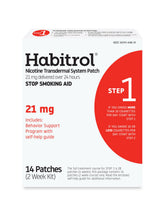 Habitrol Step 1 21 mg patch package on blister pack for steady day-long relief.