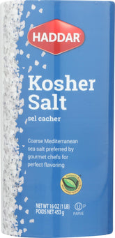 Haddar Kosher Salt 16 oz front label, highlighting high-purity seasoning for daily cooking