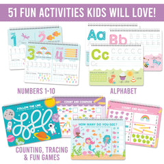 Reusable dry erase pages enable mess-free practice for kids.