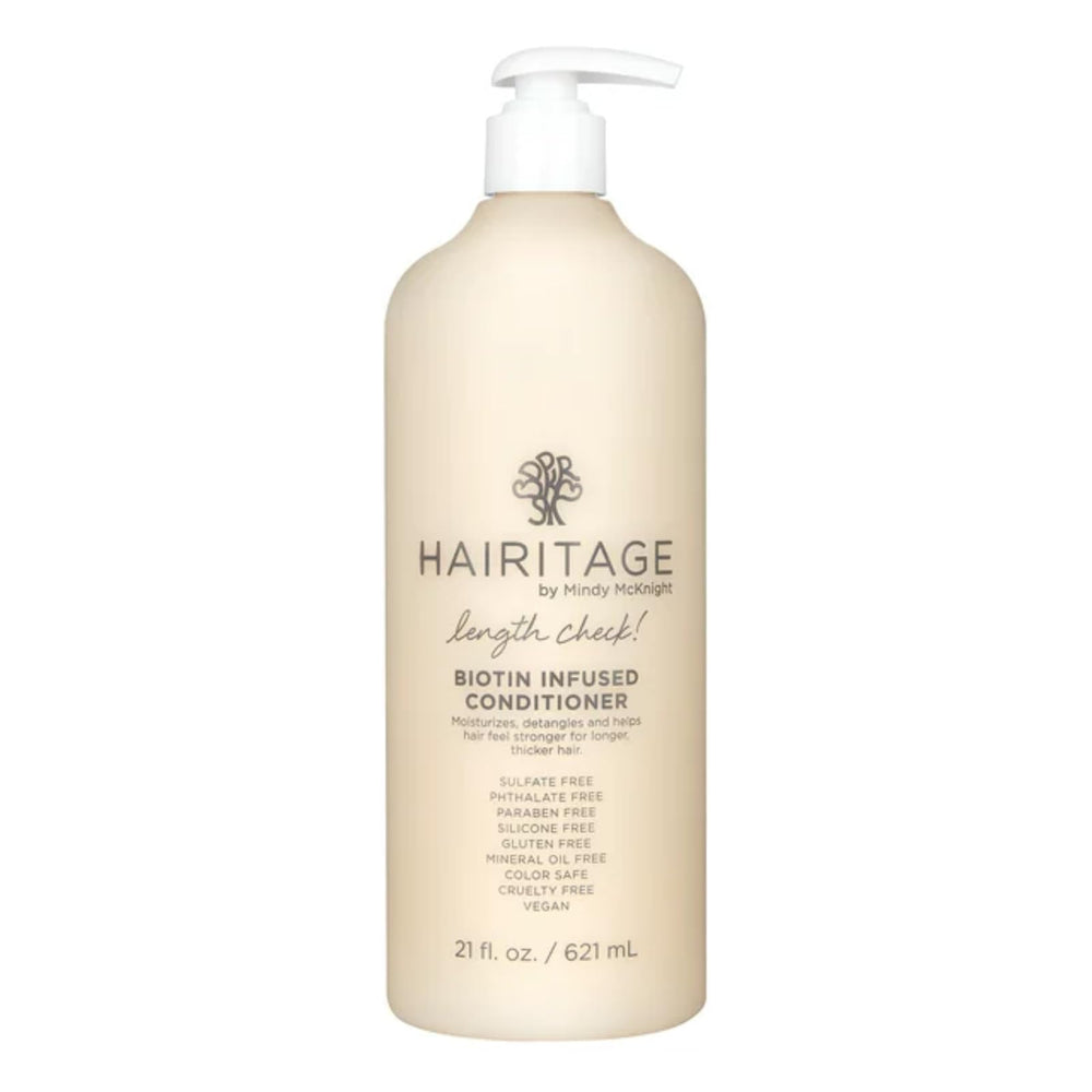 Hairitage Length Check Biotin Conditioner bottle shows thickening and volumizing benefits.