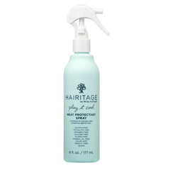 Hairitage Play It Cool heat protectant spray bottle showing protection up to 450°F for hair