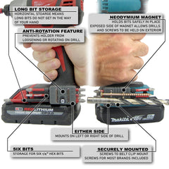 Halberd bit holder stores six bits on your tool for convenience.