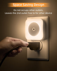 HALEEUR slim plug-in night light fits outlet without blocking the second socket.