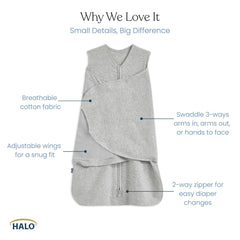 HALO Sleepsack Swaddle 3-way adjustment highlights customizable sleep positions.