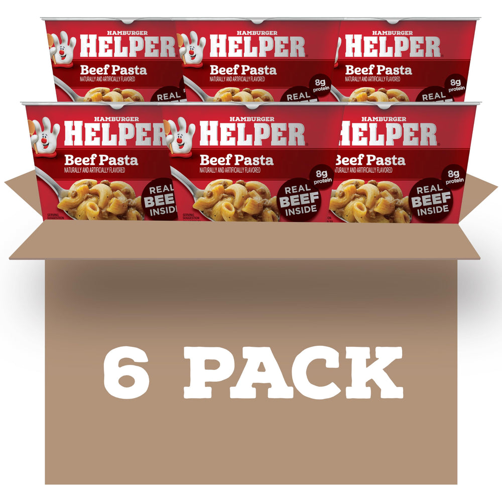 Hamburger Helper beef pasta microwave cup 6-pack ready to heat quickly for busy weeknights.