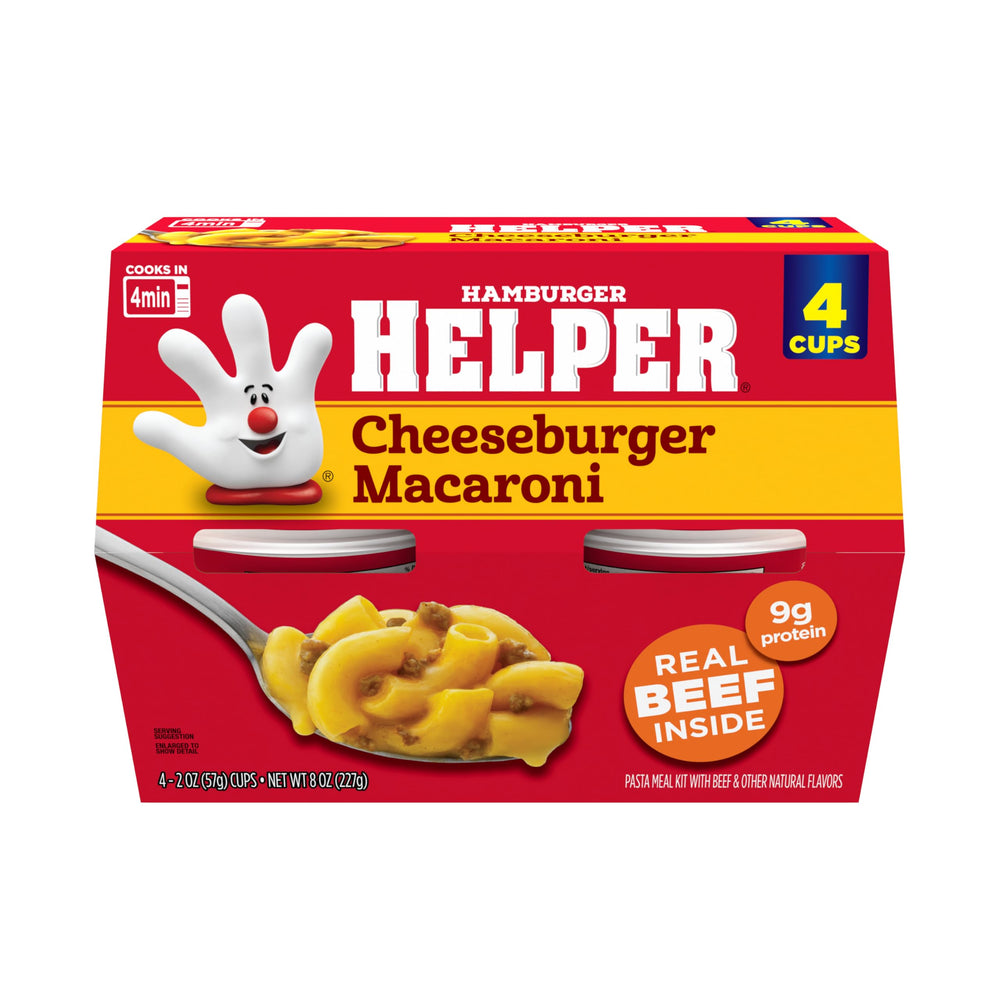 Hamburger Helper Cheeseburger Macaroni cup packaging for quick meals