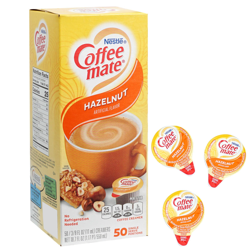 The Hampton Candy Company hazelnut creamer single-serve packet dissolves smoothly into coffee.