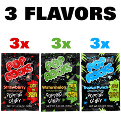 The Hampton Candy Company Pop Rocks flavors close-up: Strawberry, Watermelon, Tropical Punch, lively flavor option.