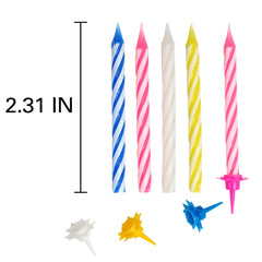 Hampton Distribution bright spiral candles on a cake creating a festive centerpiece.