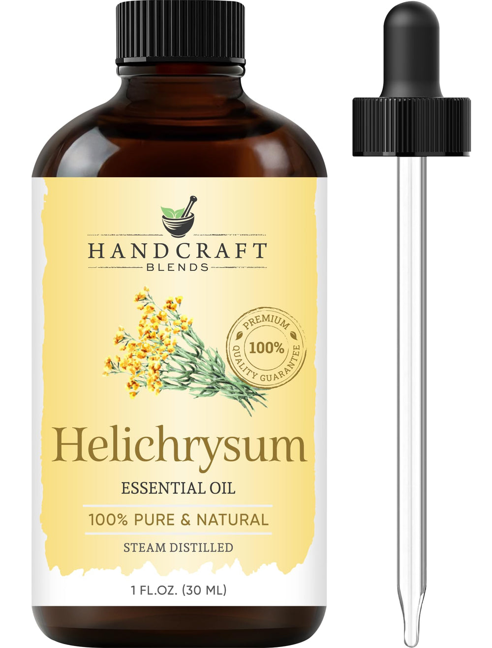 Handcraft Blends Helichrysum oil bottle in amber glass for pure aromatherapy.