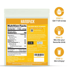 HANDPICK Golden Milk Powder bag showcases pure ingredients for a natural, spice-forward beverage.