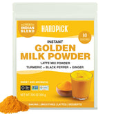 HANDPICK Golden Milk Powder jar highlights turmeric blend for a comforting, dairy-free latte.