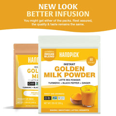HANDPICK Turmeric-Ginger-Black-Pepper spice blend image spotlights a vibrant latte base.