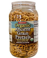 Hanover Organic Spelt Sea Salt Pretzels bag highlight, a crunchy, shareable on-the-go snack.