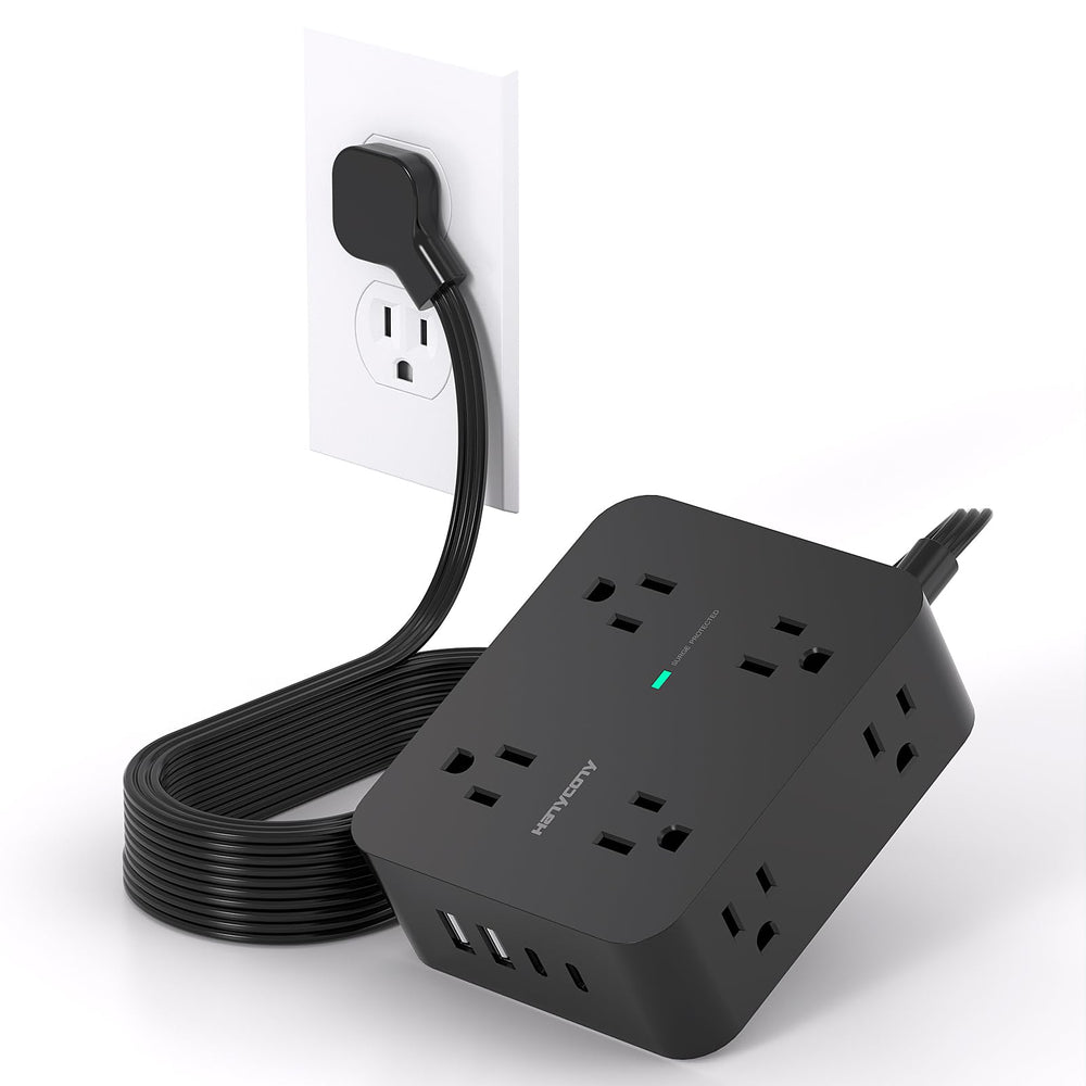HANYCONY 10 ft power strip with flat plug for tight-wall installations.
