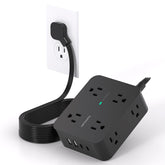 HANYCONY 10 ft power strip with flat plug for tight-wall installations.