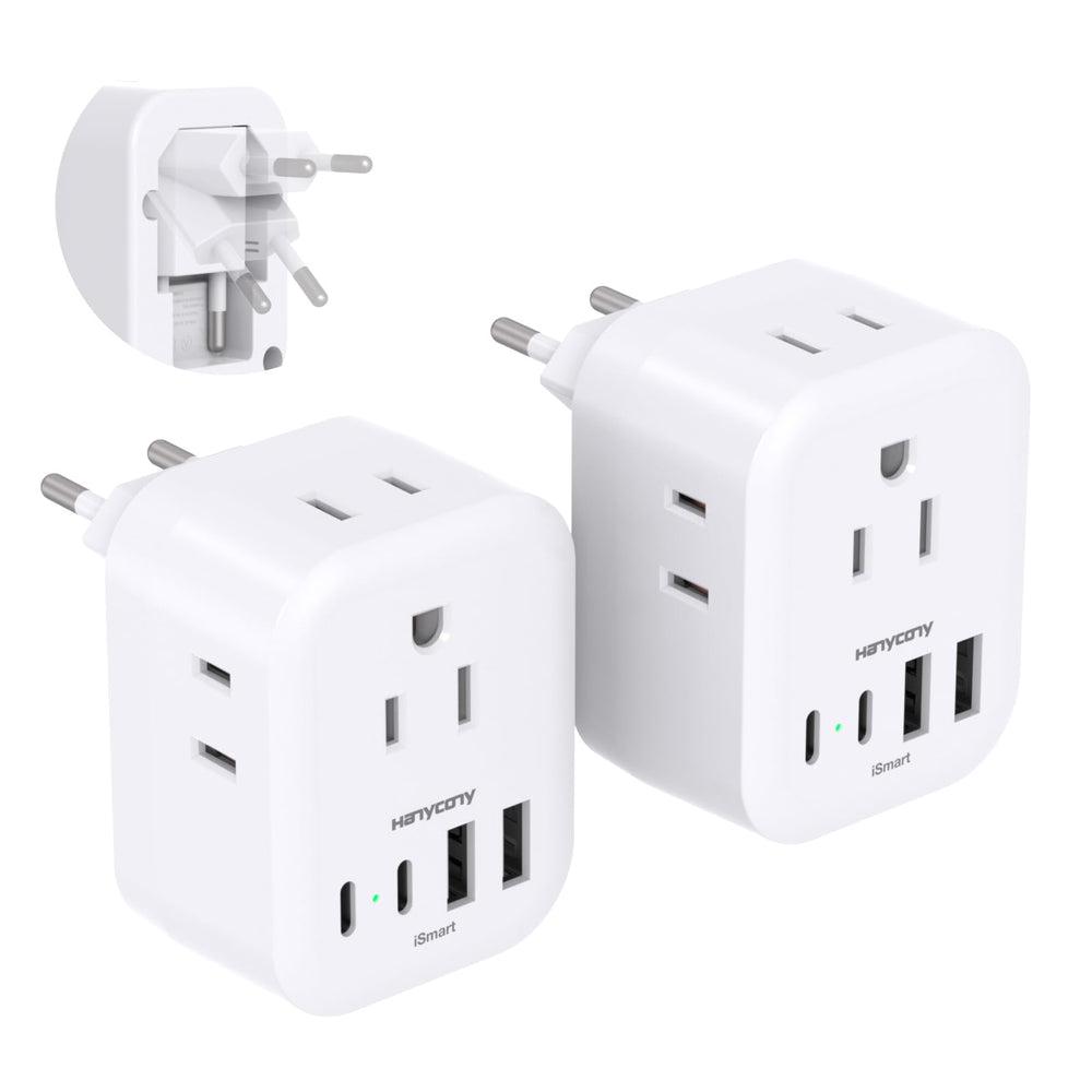 HANYCONY 2-pack European travel plug adapter folded front view for easy packing.