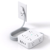 HANYCONY flat-plug extension with 8 outlets and USB ports for clutter-free desks.