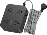 HANYCONY power strip with eight outlets and four USB ports powering multiple devices at once.