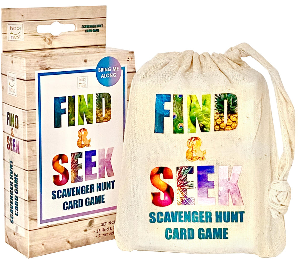 Hapinest Find and Seek cards with colorful illustrations for curious kids, prompting exploration.