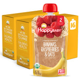 Happy Baby Organics Stage 2 pouch with bananas, raspberries and oats for on-the-go feeding