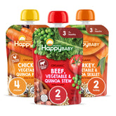 Happy Baby Savory Blends Stage 3 turkey-vegetables-quinoa pouch showing balanced meals for growing toddlers.