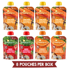 Happy Baby Savory Blends Stage 3 pouch emphasizes quinoa and harvest vegetables for texture-rich feeding.