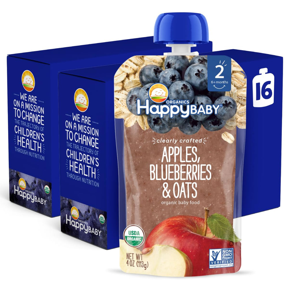 Happy Baby Stage 2 pouch with apple, blueberry, oats, vibrant ingredients for budding taste exploration.