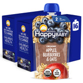 Happy Baby Stage 2 pouch with apple, blueberry, oats, vibrant ingredients for budding taste exploration.