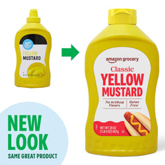 Happy Belly Amazon Grocery Classic Yellow Mustard on a hot dog for quick meals