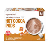 Happy Belly salted caramel cocoa pods pack front view for quick, comforting cocoa.