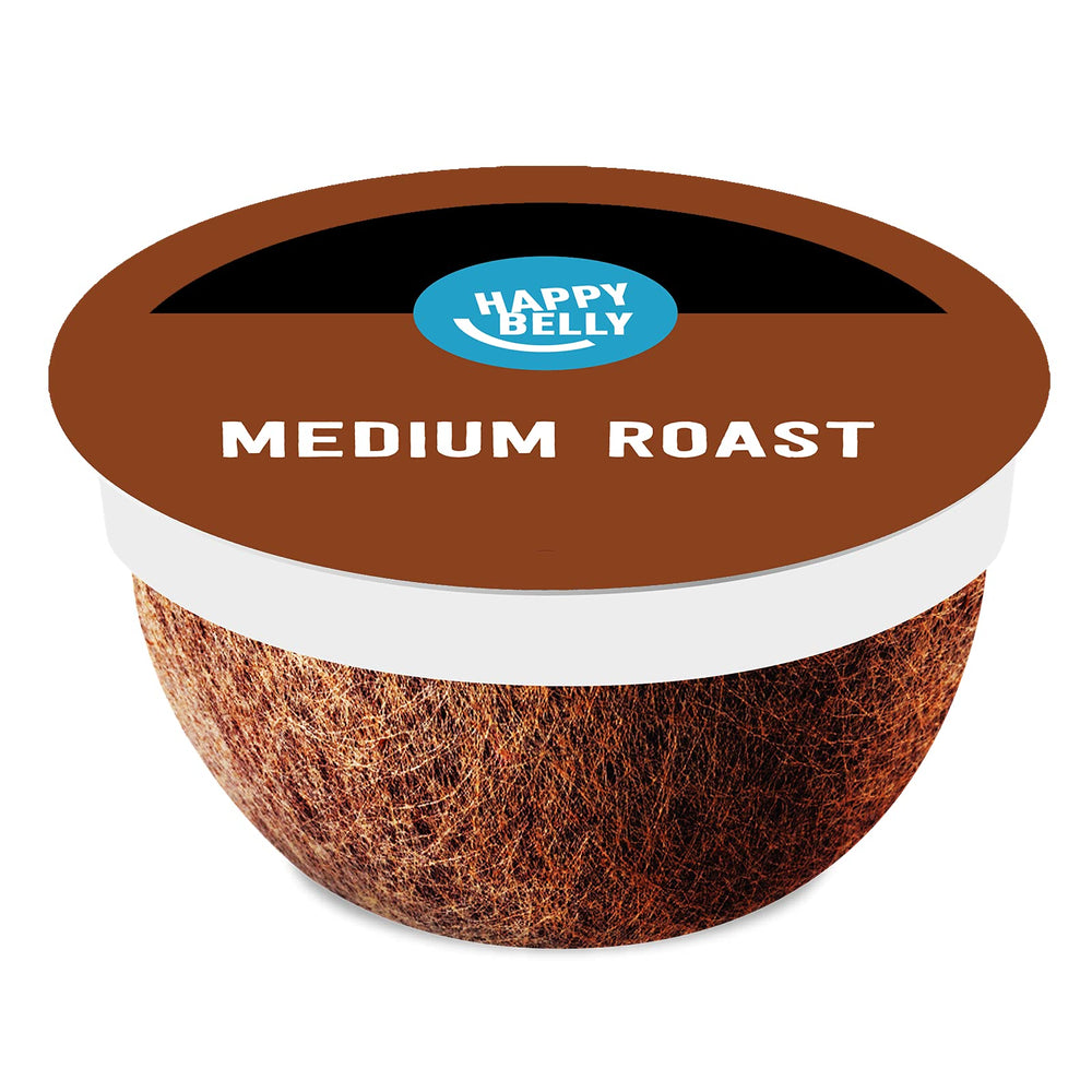 Happy Belly Medium Roast coffee pods in a box front for quick single-serve mornings.