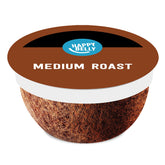 Happy Belly Medium Roast coffee pods in a box front for quick single-serve mornings.
