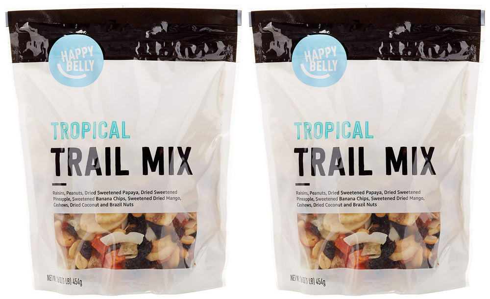 Happy Belly Tropical Trail Mix in an open bag, ideal for on-the-go snacking.