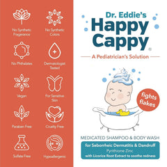 Happy Cappy fragrance-free label emphasizes gentle, dermatologist-tested baby care.