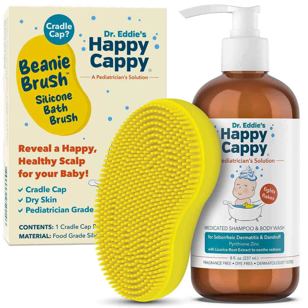 Happy Cappy bundle packshot featuring medicated shampoo and Beanie Brush for cradle cap care